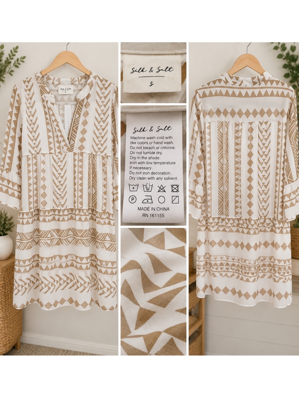 SILK & SALT CREAM & CAMEL GEOMETRIC BOHO DRESS – SIZE SMALL